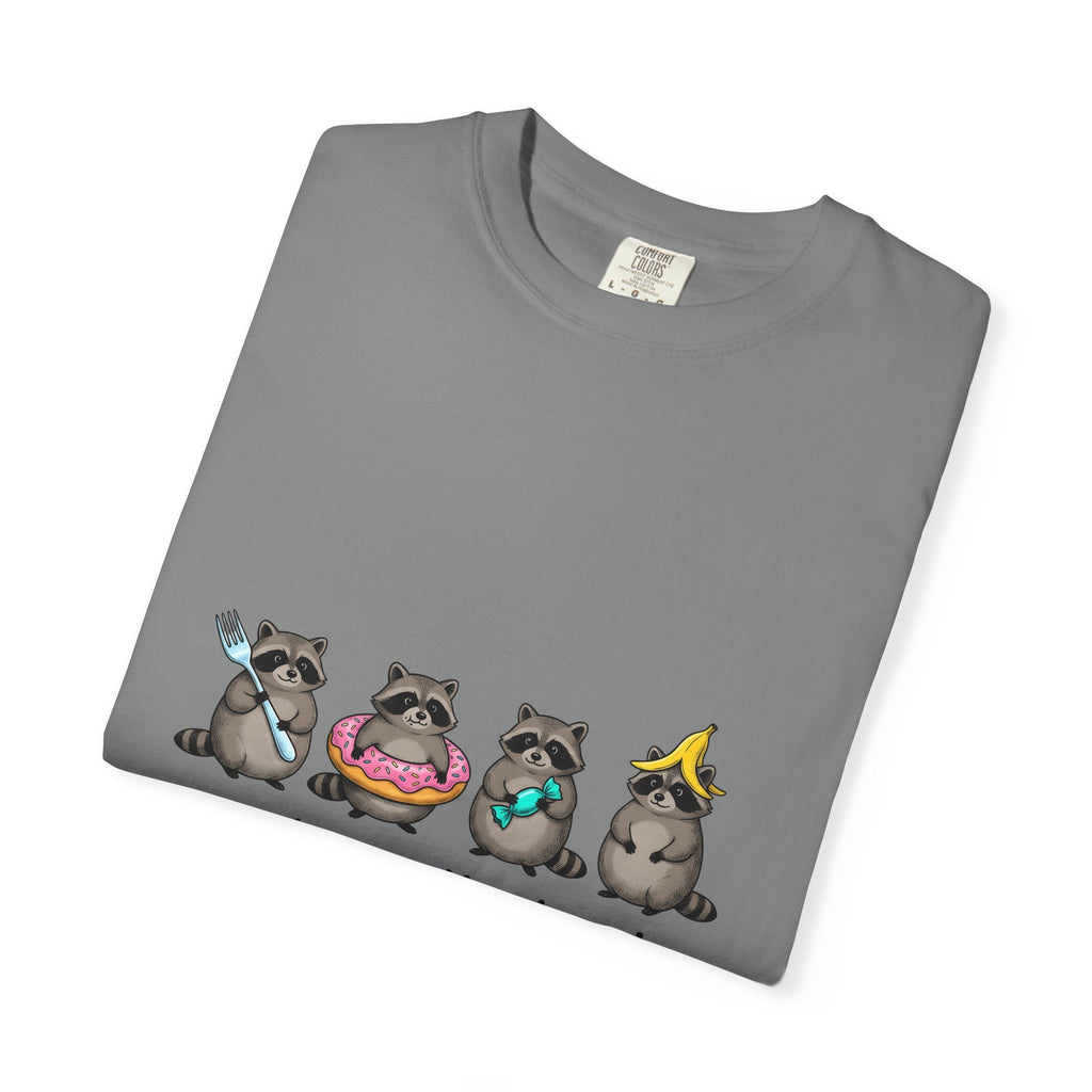 Raccoon Group T-Shirt Funny Animal Gift Women Cute T-Shirt Trash Panda T-Shirt Humor Fan Cartoon T-Shirt Wildlife Graphic Hand Drawn Donut T-Shirt