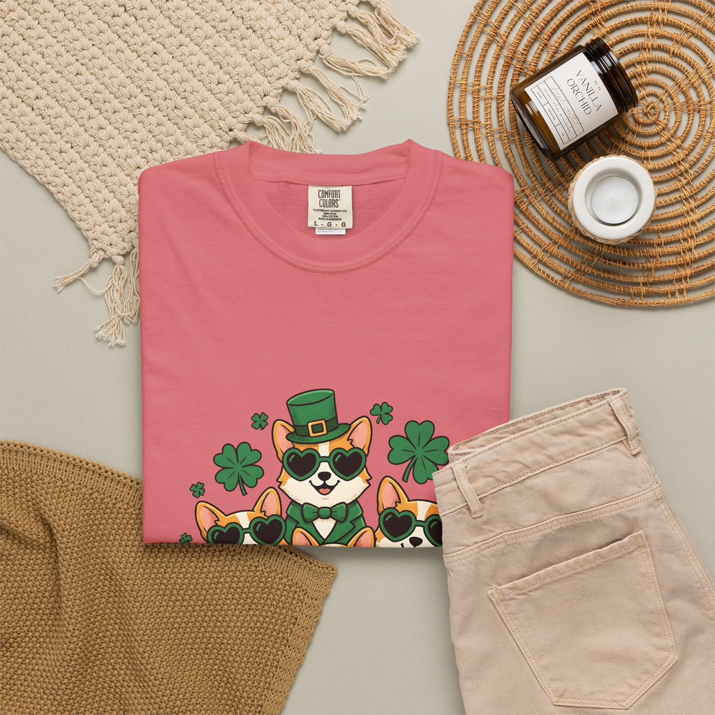 Corgi Puppies T-Shirt St Patrick's Day Pet Owner Gift Women Comic T-Shirt Puppy T-Shirt Shamrock Fan Cartoon T-Shirt Dog Mom Graphic Chibi Clover