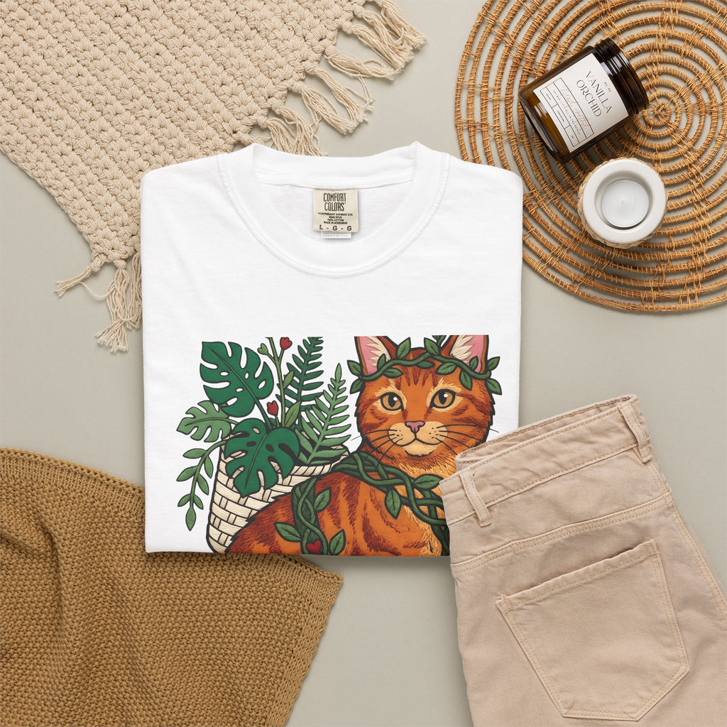 Ginger Cat T-Shirt Cat Wildlife Gift Women Floral T-Shirt Orange Cat T-Shirt Cat Fan Feline Graphic T-Shirt Sketch Indoor Plants T-Shirt