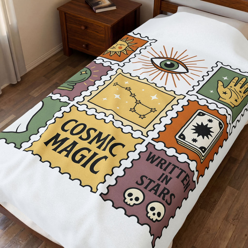 Magic Stamps Blanket Halloween Zodiac Gift Women Hippie Blanket Rubber Stamp Blanket Horror Fan Psychedelic Blanket Astrology Graphic Vintage