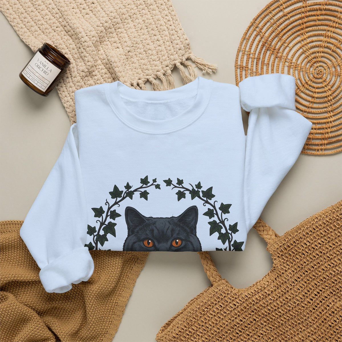 British Shorthair Cat Sweatshirt Cat Botanical Gift Women Hand Drawn Sweatshirt Kitty Sweatshirt Cat Fan Illustrated Graphic Vintage Ivy Leaves Sweatshirt