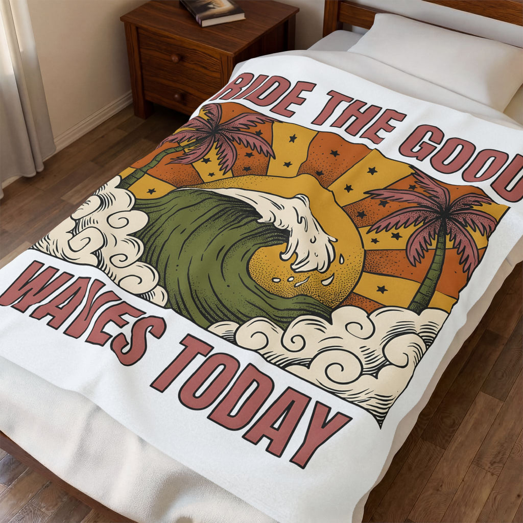 Sea Surf Blanket Surfing Seaside Gift Women Retro Blanket Wave Blanket Surfer Fan Vintage Blanket Coastal Graphic Hand Drawn Tropical Palms Blanket