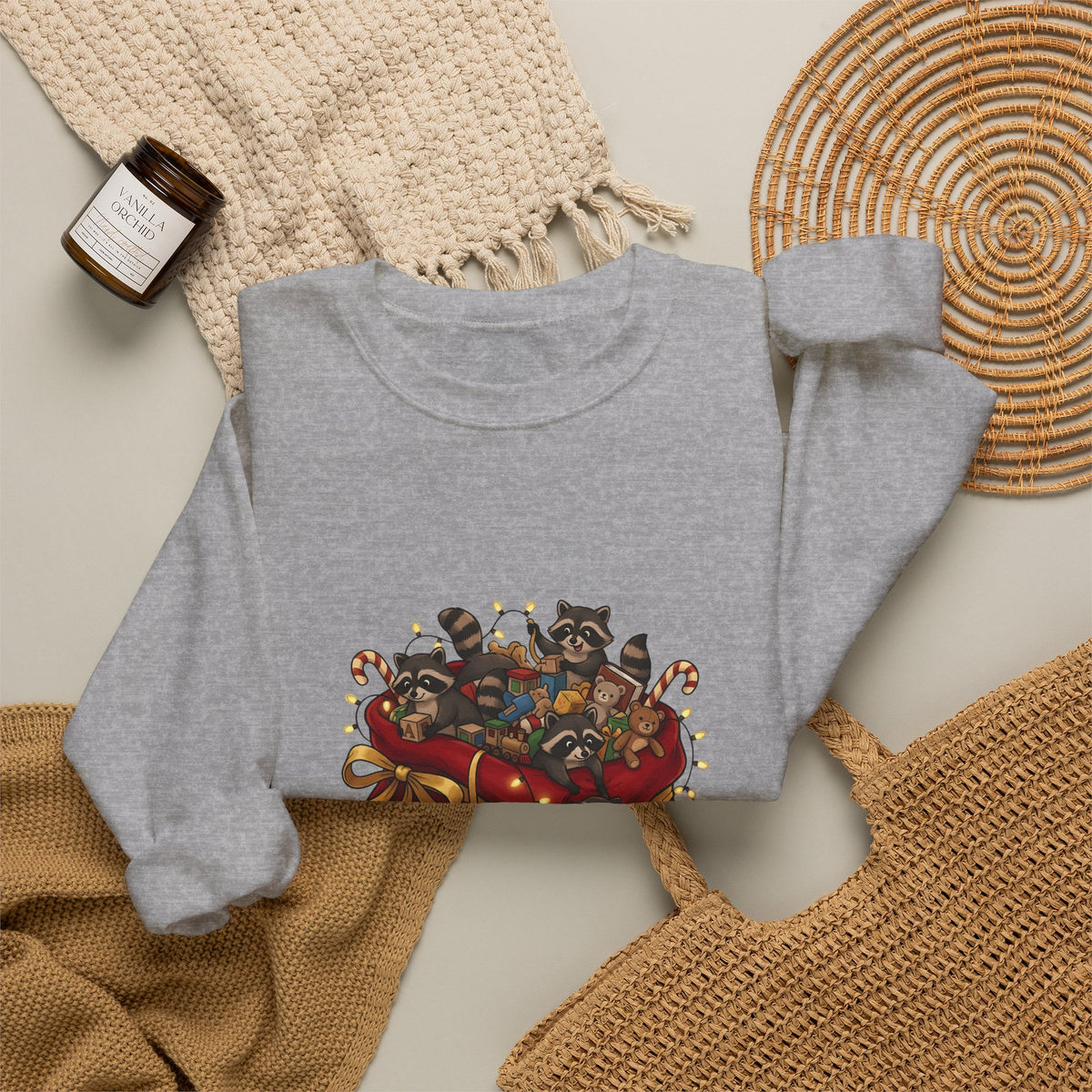 Raccoon Toy Sack Sweatshirt Christmas Animals Gift Women Cute Sweatshirt Trash Panda Sweatshirt Xmas Fan Critter Graphic Sweatshirt Hand Drawn Fairy Lights