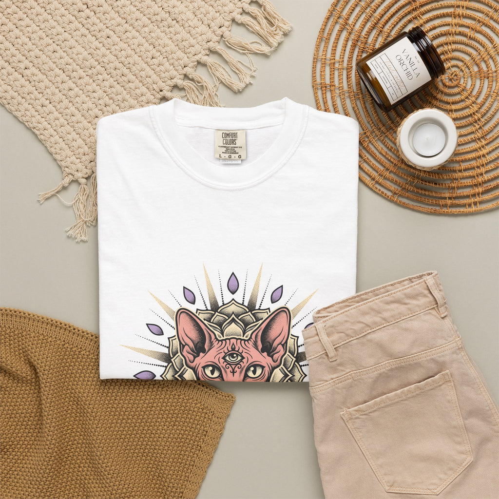 Sphynx Pet T-Shirt Cat Meditation Gift Women Tribal T-Shirt Hairless Cat T-Shirt Cat Fan Tribalism T-Shirt Mindfulness Graphic Etched Circle Design