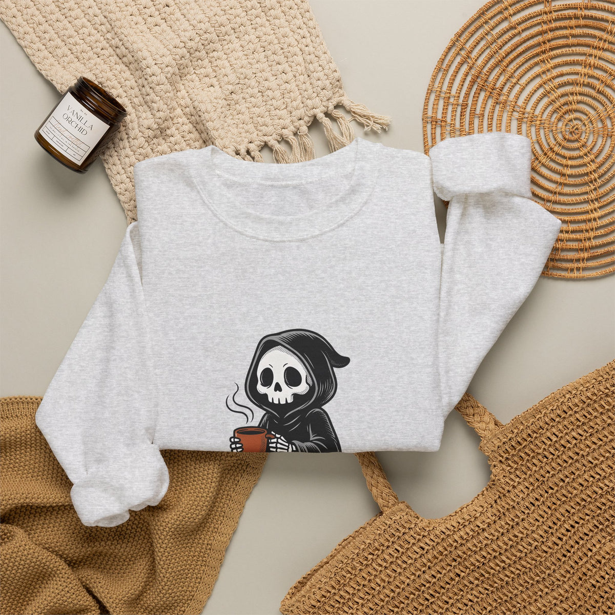 Reaper Skull Sweatshirt Halloween Latte Gift Women Retro Sweatshirt Grim Reaper Sweatshirt Horror Fan Grunge Sweatshirt Coffee Graphic Vintage Sweatshirt Sweatshirt