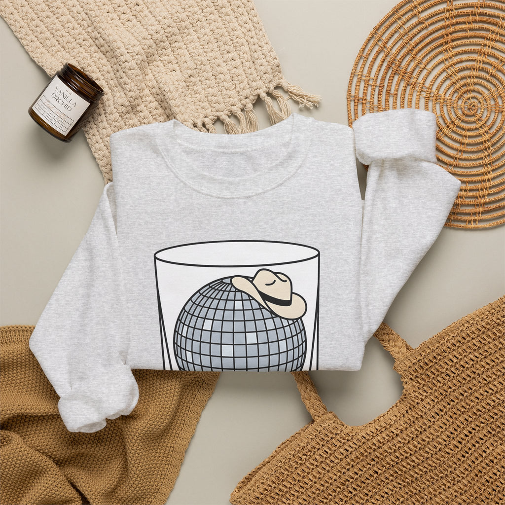 Disco Ball Glass Sweatshirt Cowgirl Festivity Gift Women Cartoon Sweatshirt Mirror Ball Sweatshirt Rodeo Fan Comic Sweatshirt Party Graphic Hand Drawn Cowboy
