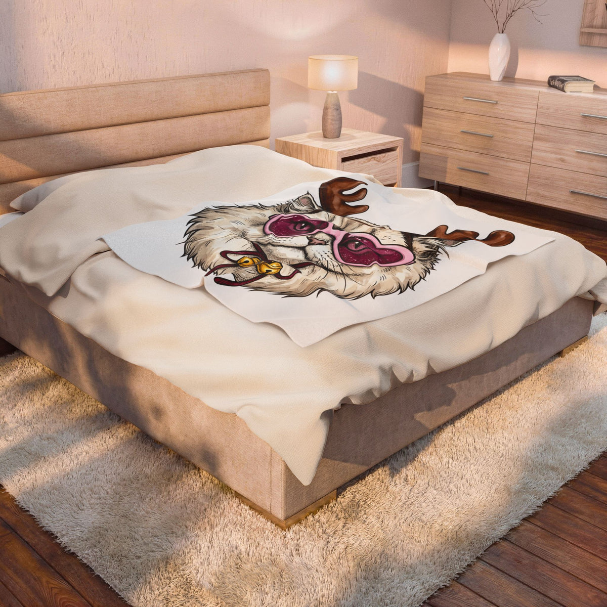 Cat Reindeer Blanket Christmas Cat Gift Women Hand Drawn Blanket Reindeer Blanket Xmas Fan Illustrated Graphic Kitten Design Vintage Heart