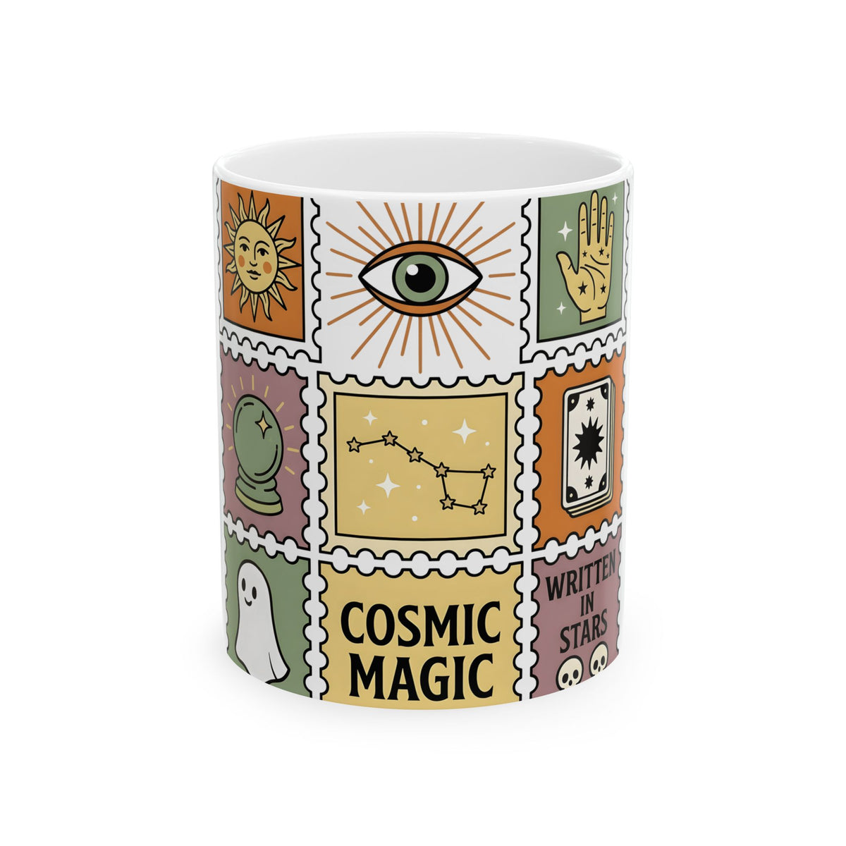 Magic Stamps Mug Halloween Zodiac Gift Women Hippie Mug Rubber Stamp Mug Horror Fan Psychedelic Mug Astrology Graphic Vintage