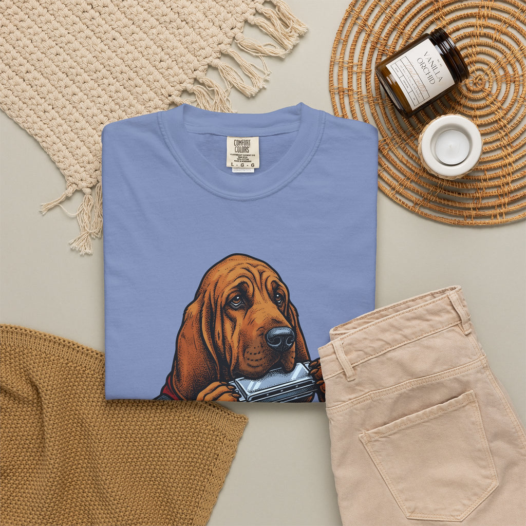 Bloodhound Canine T-Shirt Dog Songs Gift Women Rustic T-Shirt Hound T-Shirt Dog Fan Coonhound Graphic T-Shirt Cartoon Mouth Harp T-Shirt