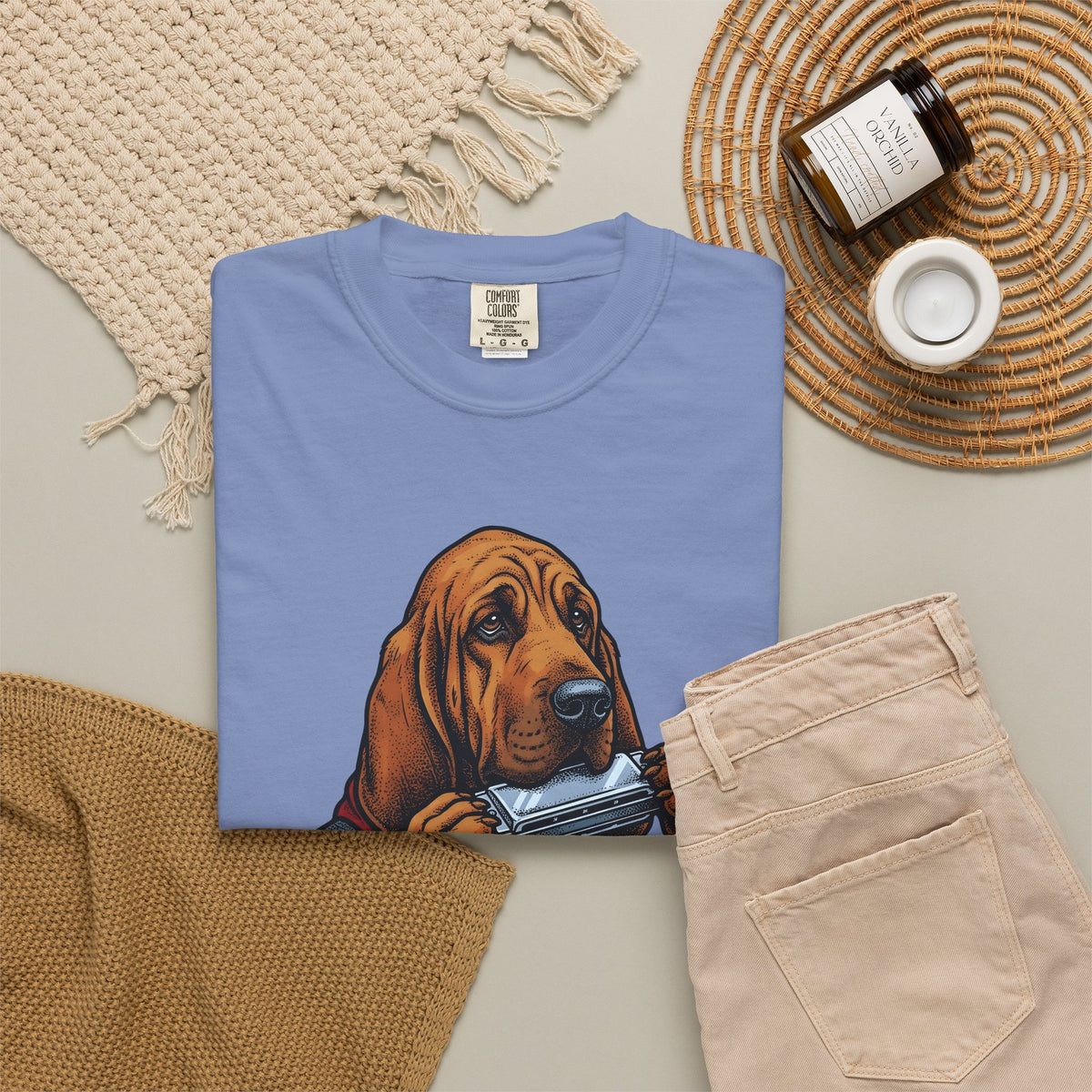 Bloodhound Canine T-Shirt Dog Songs Gift Women Rustic T-Shirt Hound T-Shirt Dog Fan Coonhound Graphic T-Shirt Cartoon Mouth Harp T-Shirt