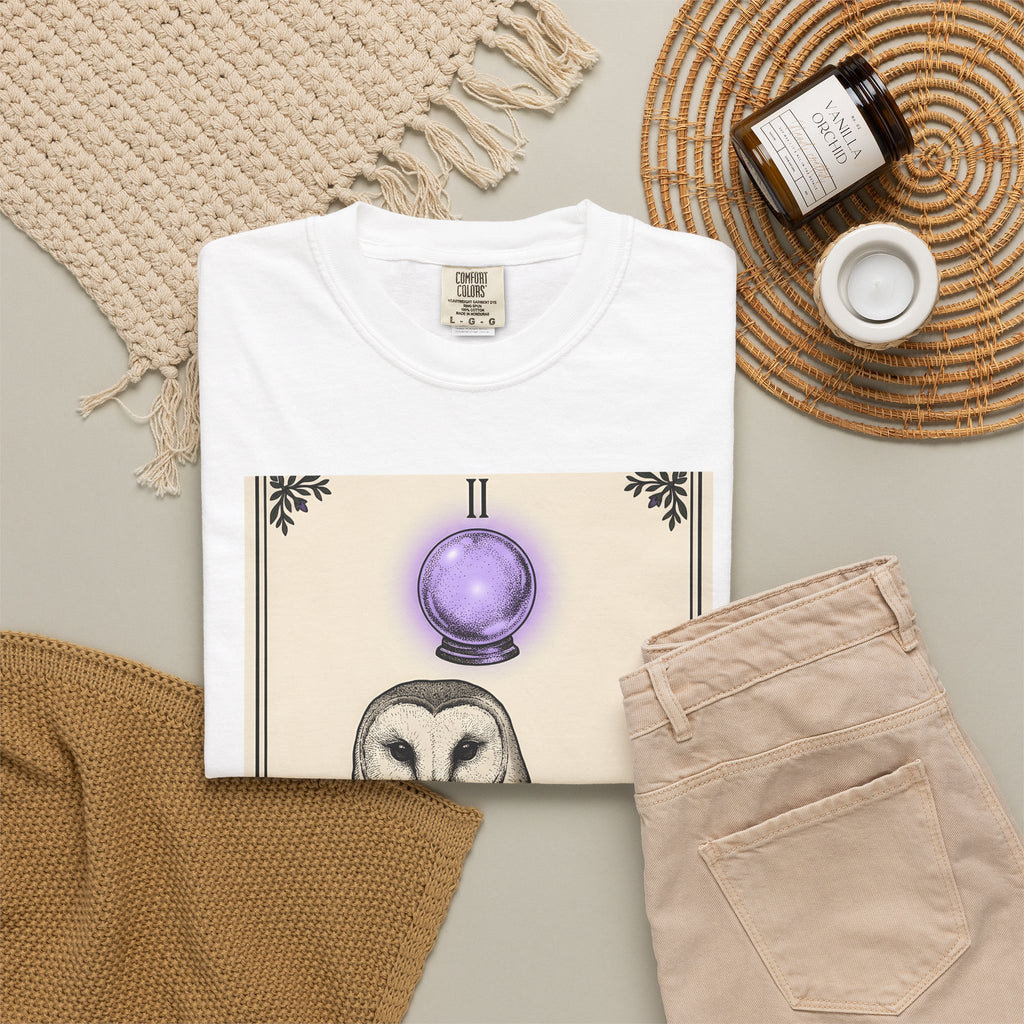 Barn Owl T-Shirt Boho Chic Magic Gift Women Oracle T-Shirt Owl T-Shirt Bohemian Fan Mystic T-Shirt Magical Graphic Hand Drawn Glass Sphere T-Shirt