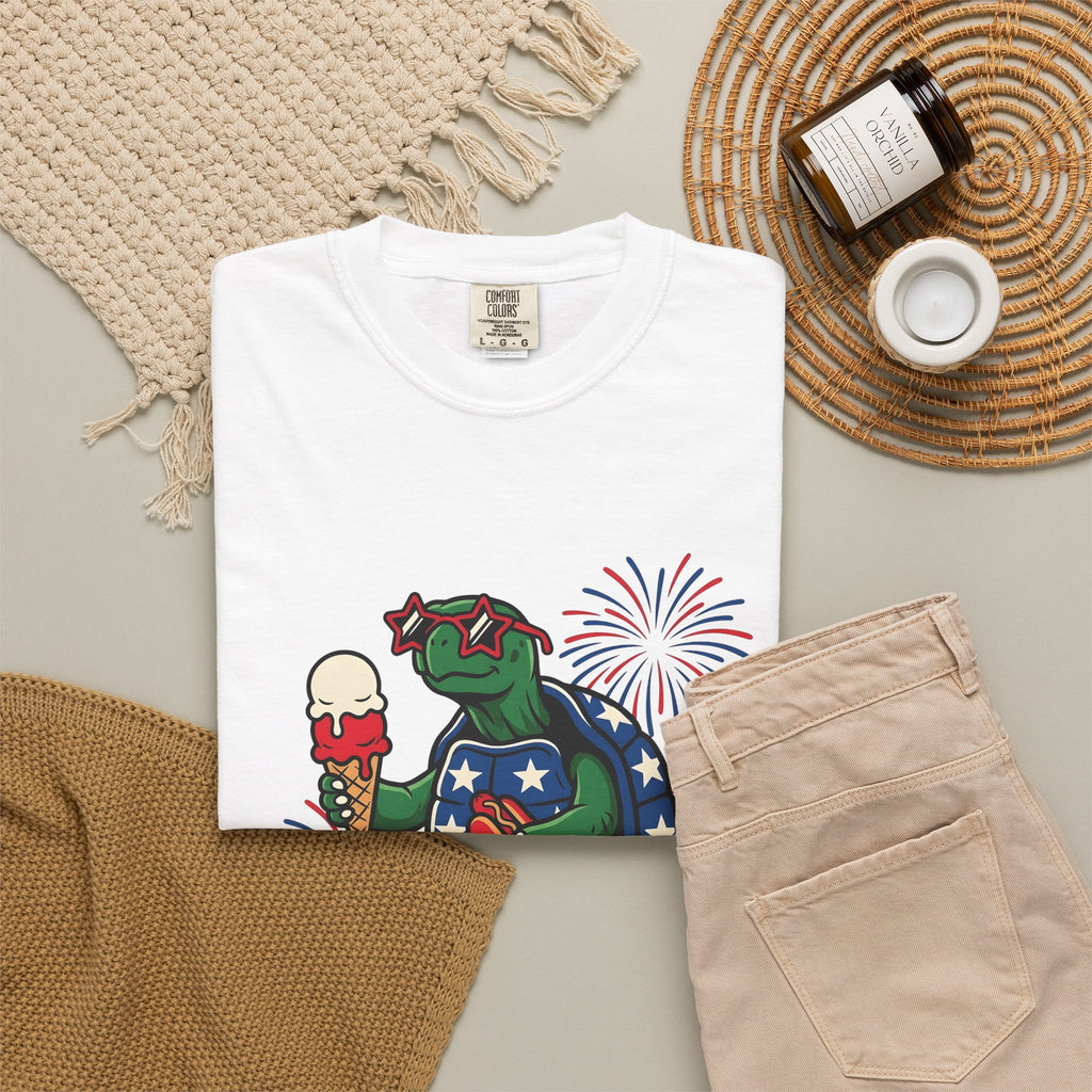 Usa Turtle T-Shirt 4th Of July Vacation Gift Women Fun T-Shirt Terrapin T-Shirt Independence Day Fan Retro T-Shirt Holiday Graphic Old School