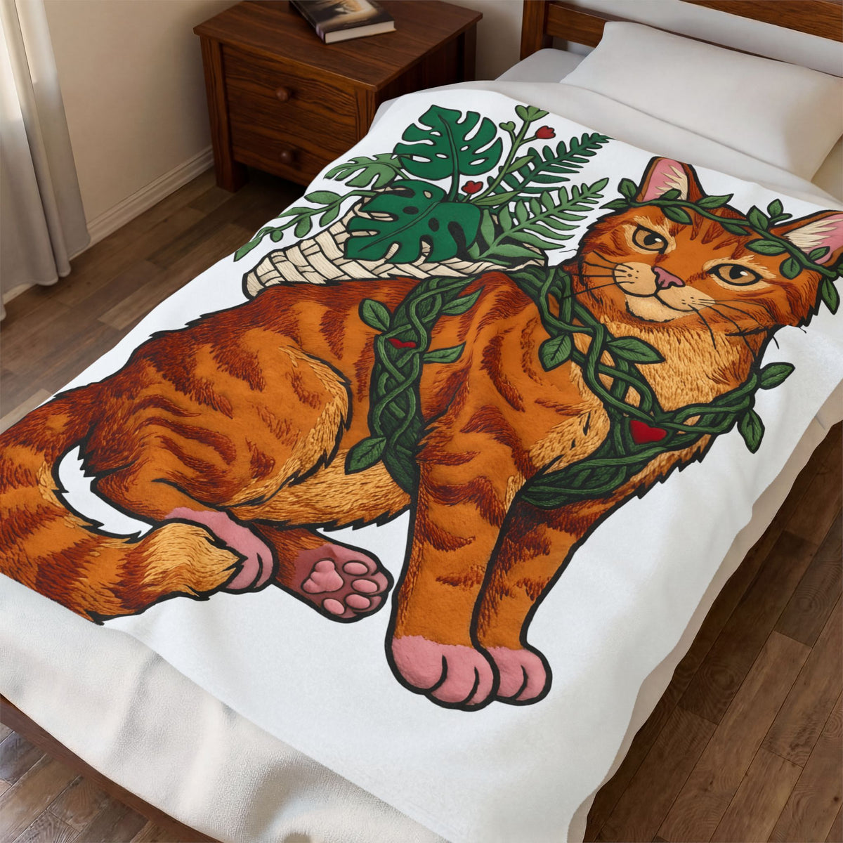 Ginger Cat Blanket Cat Wildlife Gift Women Floral Blanket Orange Cat Blanket Cat Fan Feline Graphic Blanket Sketch Indoor Plants Blanket