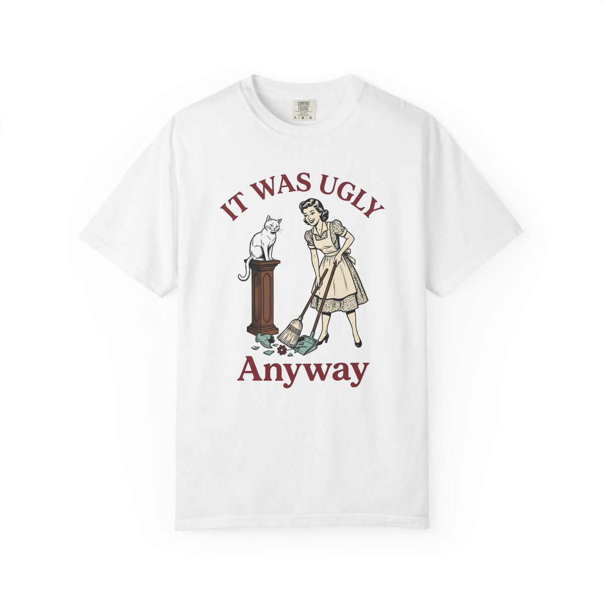 Pussycat Antique Maid T-Shirt Cat Satire Gift Women Classic T-Shirt Kitty T-Shirt Feline Fan Vintage T-Shirt Parody Graphic Line Art Broken Urn