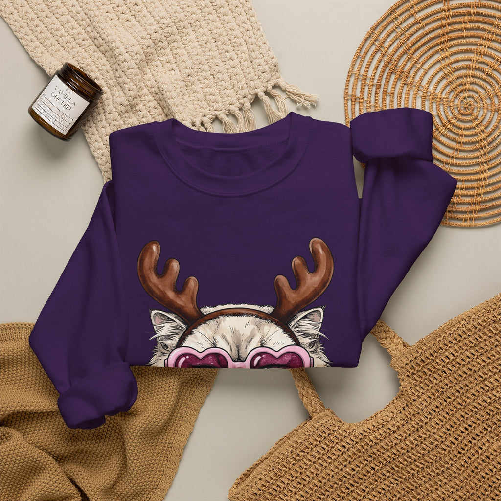 Cat Reindeer Sweatshirt Christmas Cat Gift Women Hand Drawn Sweatshirt Reindeer Sweatshirt Xmas Fan Illustrated Graphic Kitten Design Vintage Heart