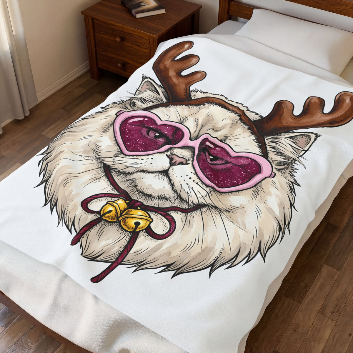 Cat Reindeer Blanket Christmas Cat Gift Women Hand Drawn Blanket Reindeer Blanket Xmas Fan Illustrated Graphic Kitten Design Vintage Heart