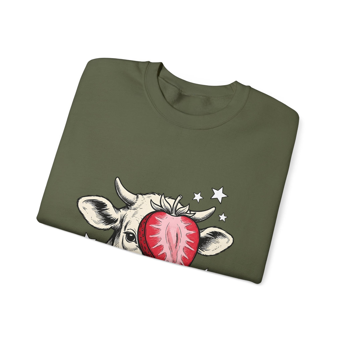 Cow Strawberry Sweatshirt Cute Animal Gift Women Hand Drawn Sweatshirt Cow Sweatshirt Adorable Fan Illustrated Sweatshirt Creature Graphic Whimsical Stars