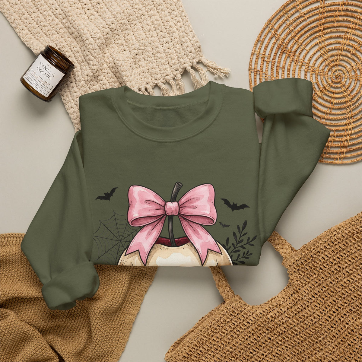Skeleton Apple Sweatshirt Halloween Scary Gift Women Horror Sweatshirt Bone Sweatshirt Spooky Fan Macabre Sweatshirt Frightful Graphic Hand Drawn Pink Hair Bow