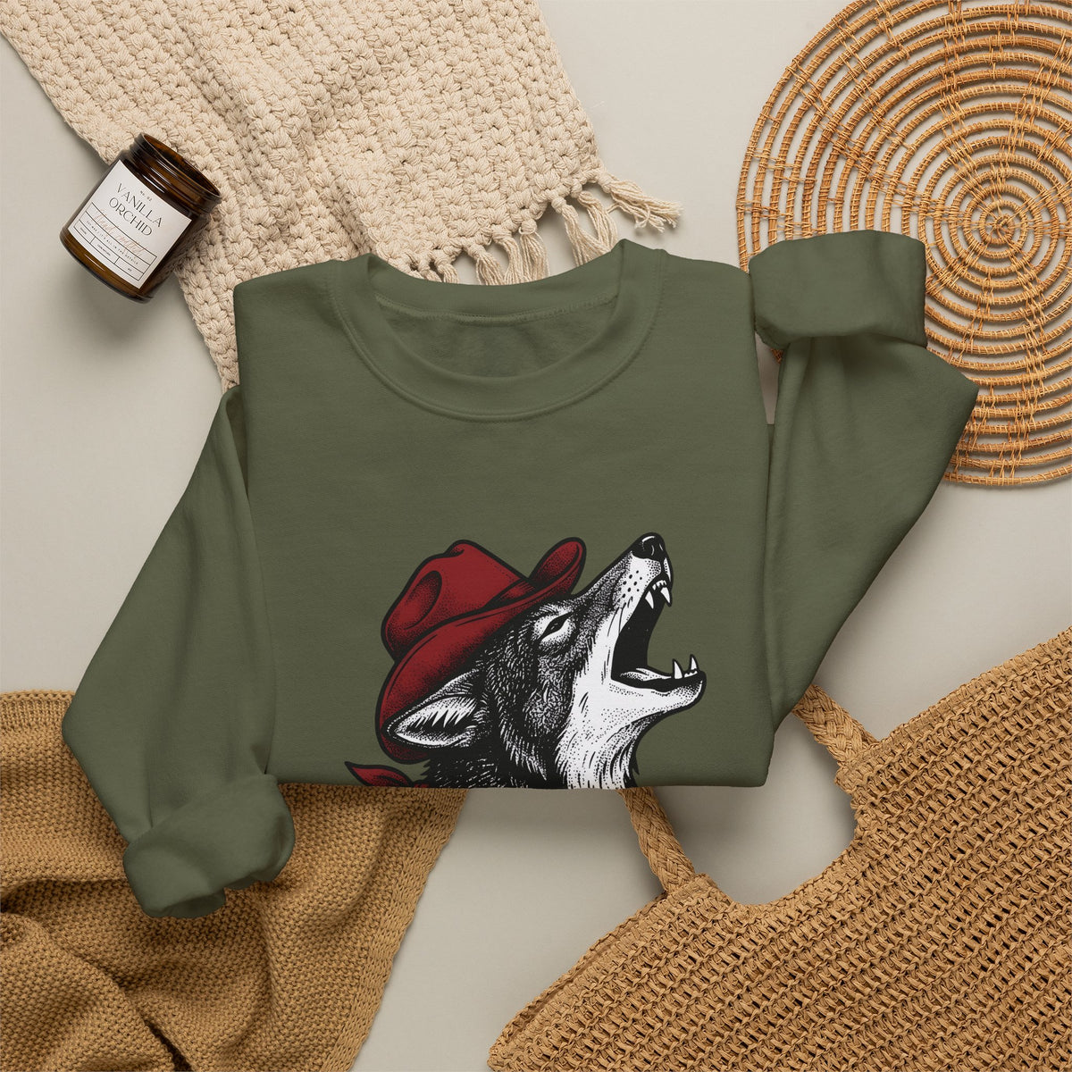 Cowboy Wolf Sweatshirt Cowgirl Western Gift Women Vintage Sweatshirt Werewolf Sweatshirt Cowboy Fan Retro Sweatshirt Rodeo Graphic Hand Drawn Bandana Sweatshirt