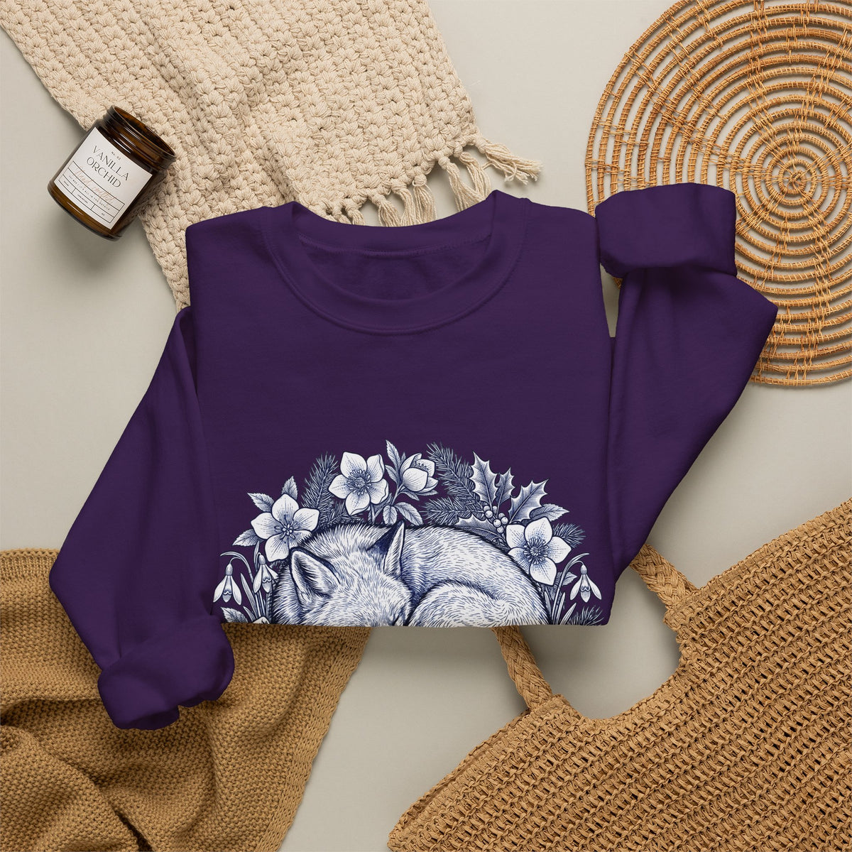 Fox Blossom Sweatshirt Christmas Creature Gift Women Cartoon Sweatshirt Flower Sweatshirt Xmas Fan Comic Sweatshirt Beast Graphic Hand Drawn Pine Branch Sweatshirt