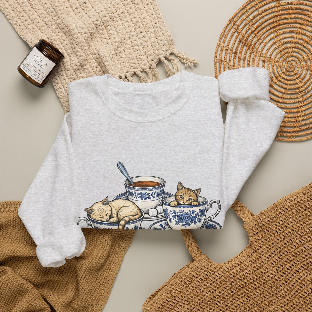 Cat Teacup Sweatshirt Cat Beverage Gift Women Retro Sweatshirt Kitty Sweatshirt Cat Fan Vintage Sweatshirt Coffee Graphic Sketch Flower Design Sweatshirt