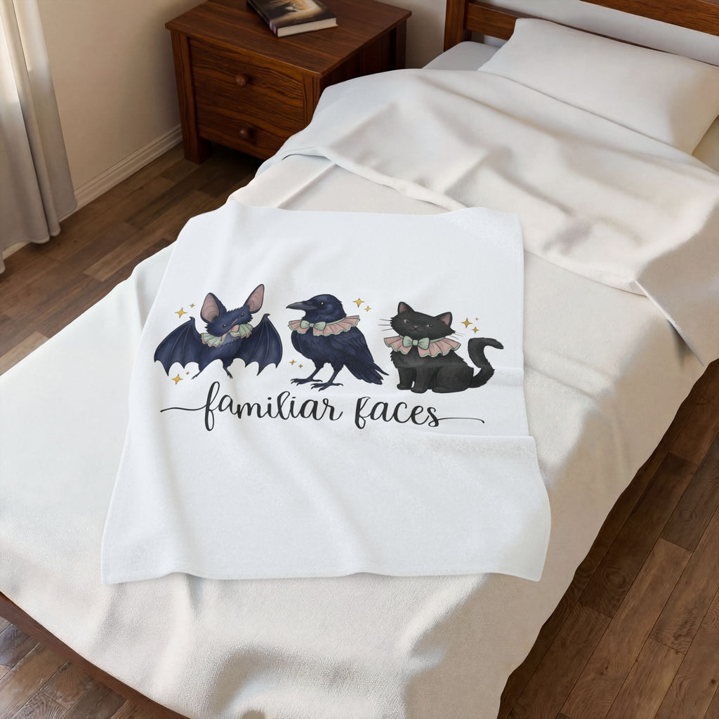 Bat Crow Cat Blanket Halloween Witch Gift Women Cute Blanket Animal Blanket Spooky Fan Cartoon Blanket Magical Graphic Hand