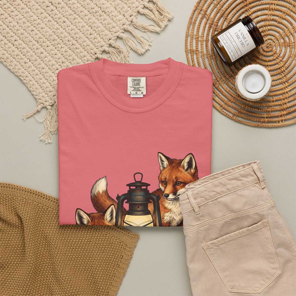 Fox Light T-Shirt Halloween Nature Gift Women Hand Drawn T-Shirt Lamp T-Shirt Spooky Fan Illustrated T-Shirt Wilderness Graphic Doodle Maple Leaves