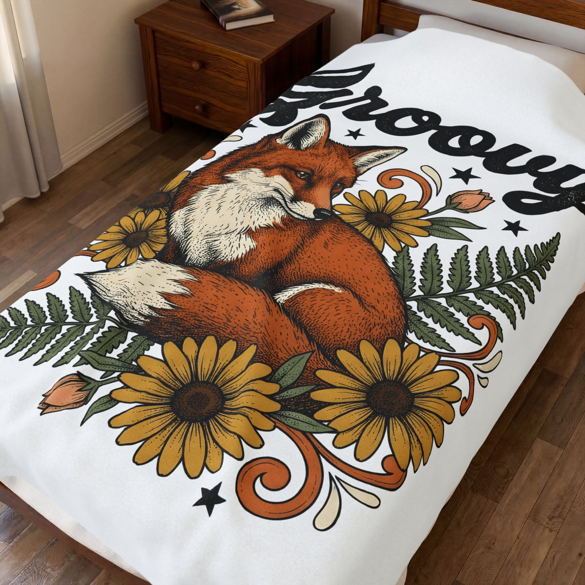 Fox Floral Fox Nature Gift Boho Floral Fox Fan Bohemian Environmental Vintage Sunflowers Blanket