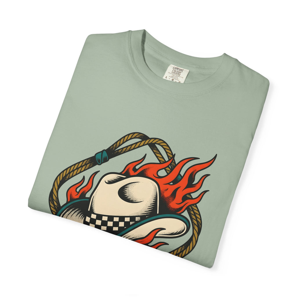 Cowboy Hat T-Shirt Cowgirl Western Gift Women Tattoo Art T-Shirt Stetson T-Shirt Rodeo Fan Tattooed T-Shirt Country Graphic Vintage Flames T-Shirt