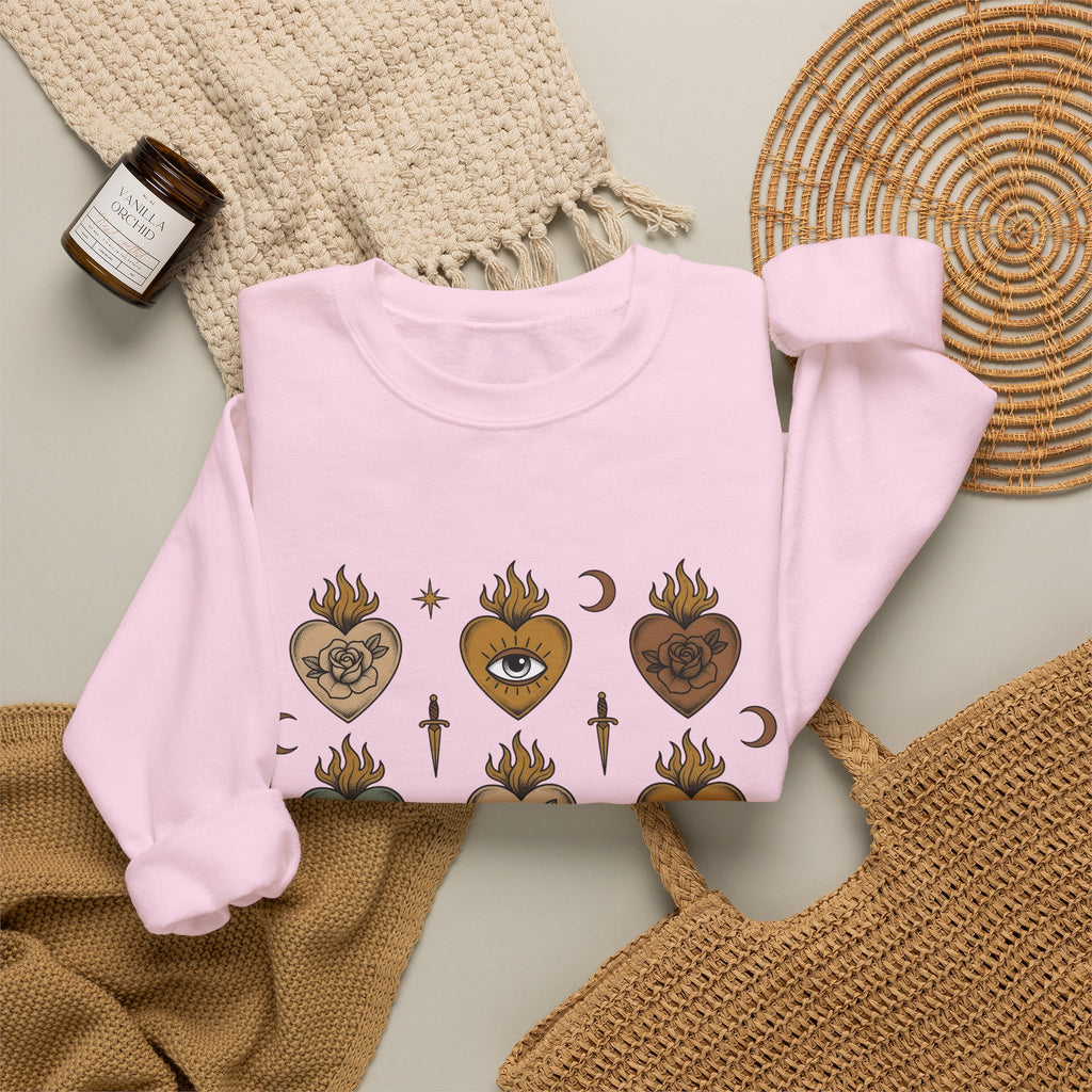 Sacred Heart Pattern Sweatshirt Boho Chic Mystical Gift Women Tattoo Sweatshirt Heart Design Sweatshirt Bohemian Fan Ink Graphic Sweatshirt Vintage Crescent