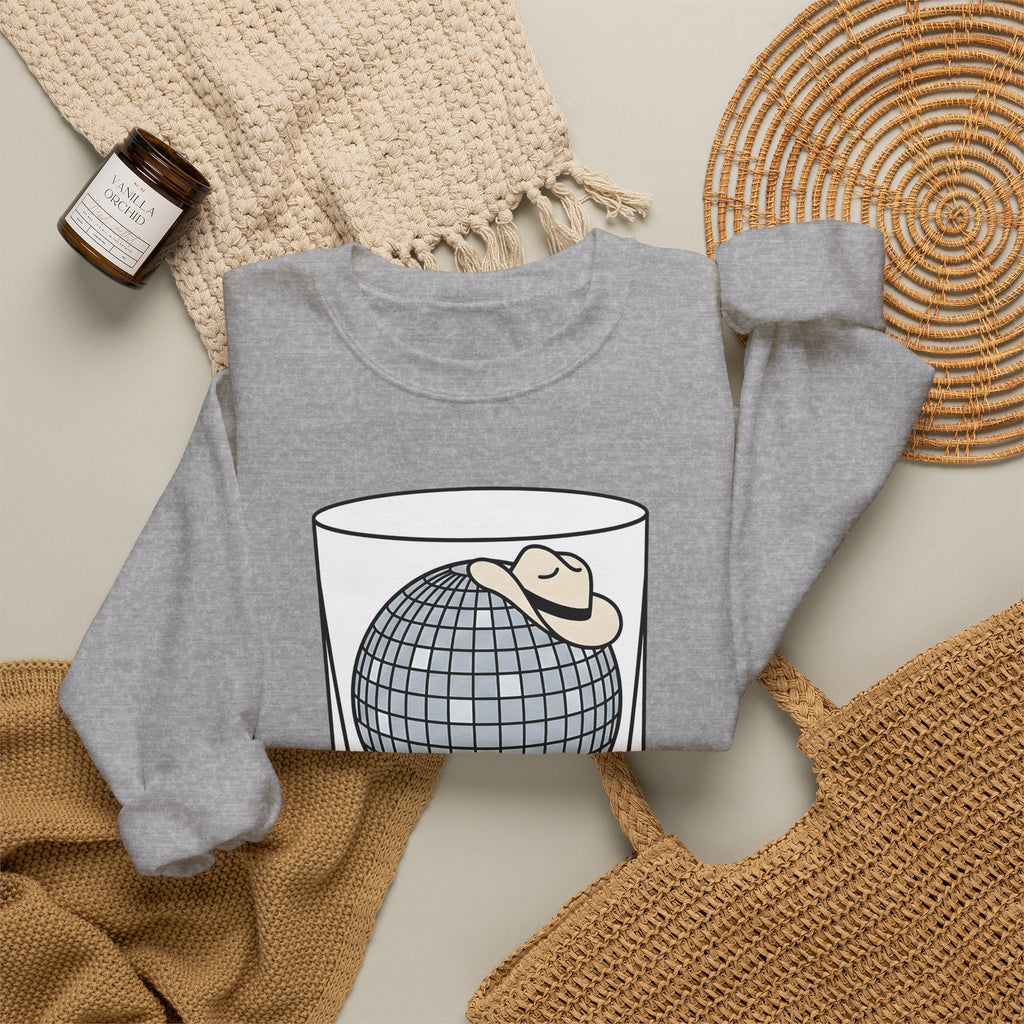 Disco Ball Glass Sweatshirt Cowgirl Festivity Gift Women Cartoon Sweatshirt Mirror Ball Sweatshirt Rodeo Fan Comic Sweatshirt Party Graphic Hand Drawn Cowboy