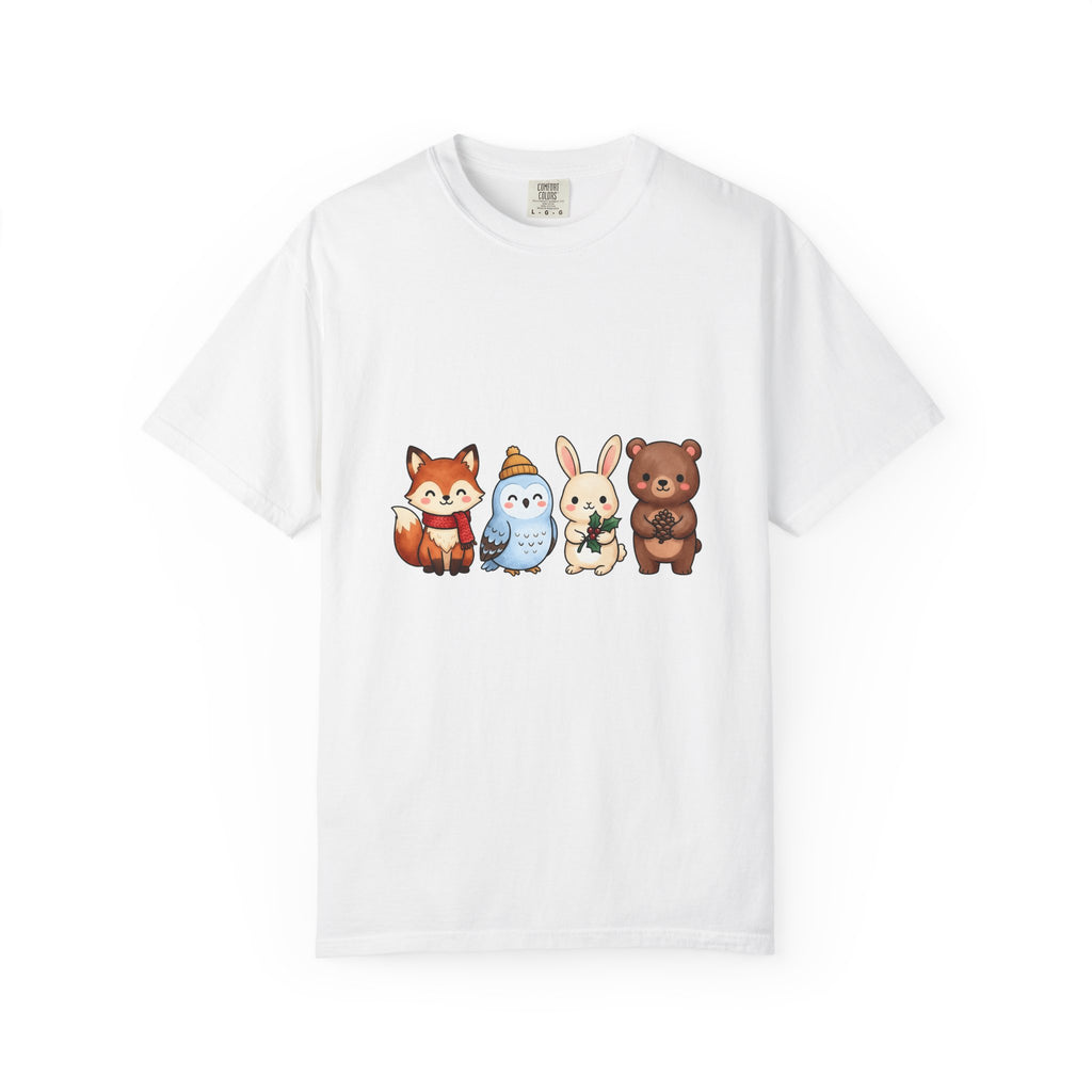 Forest Creatures T-Shirt Christmas Wildlife Gift Women Adorable T-Shirt Woodland T-Shirt Xmas Fan Cute T-Shirt Animal Graphic Comic Mistletoe