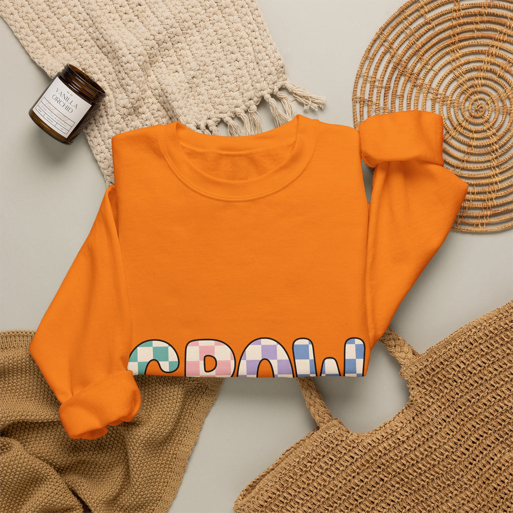 Checkered Letters Sweatshirt Teacher Positivity Gift Women Playful Sweatshirt Alphabet Sweatshirt Educator Enthusiast Fun Sweatshirt Optimistic Graphic Retro