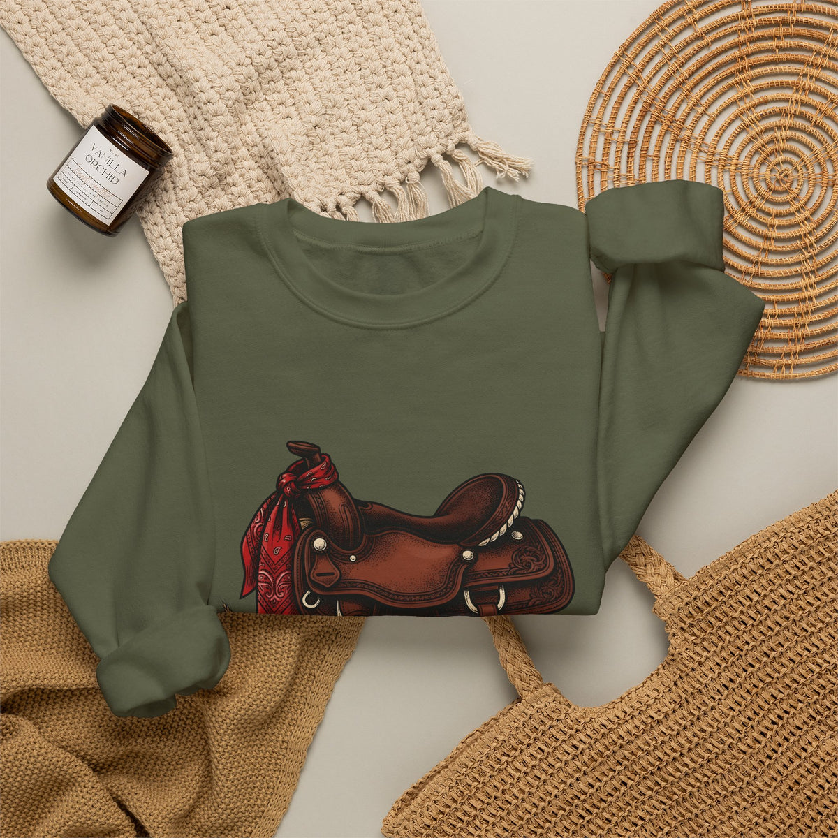 Western Saddle Cowgirl Western Gift Vintage Saddle Cowboy Fan Rodeo Hand Drawn Wheat Sweatshirt