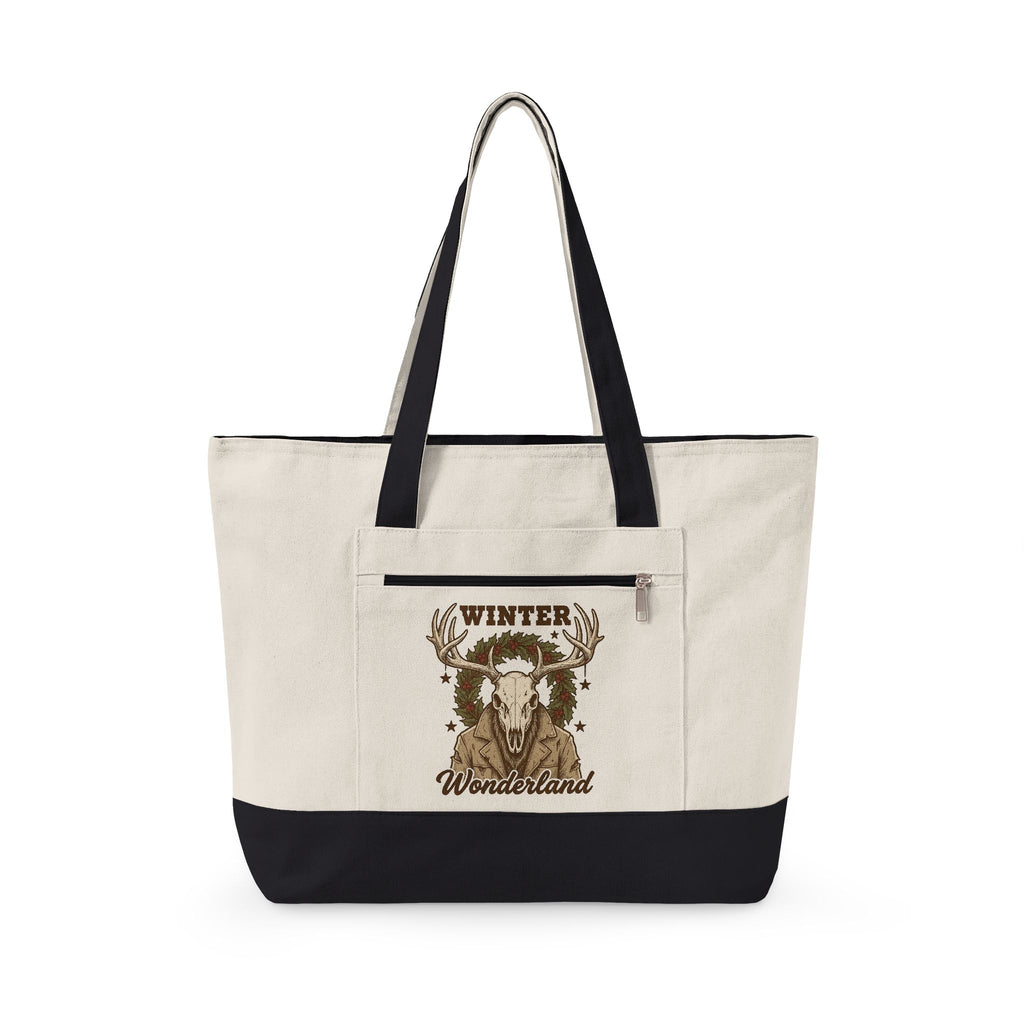 Antler Skull Tote Bag Christmas Frost Gift Women Throwback Tote Bag Deer Skull Tote Bag Xmas Fan Holiday Tote Bag Frosty Graphic Cartoon Pine Wreath