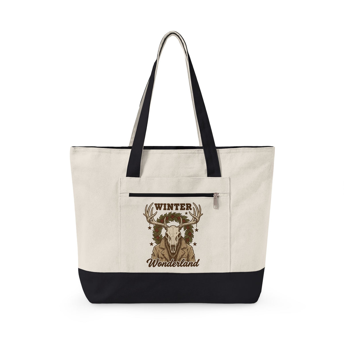 Antler Skull Tote Bag Christmas Frost Gift Women Throwback Tote Bag Deer Skull Tote Bag Xmas Fan Holiday Tote Bag Frosty Graphic Cartoon Pine Wreath