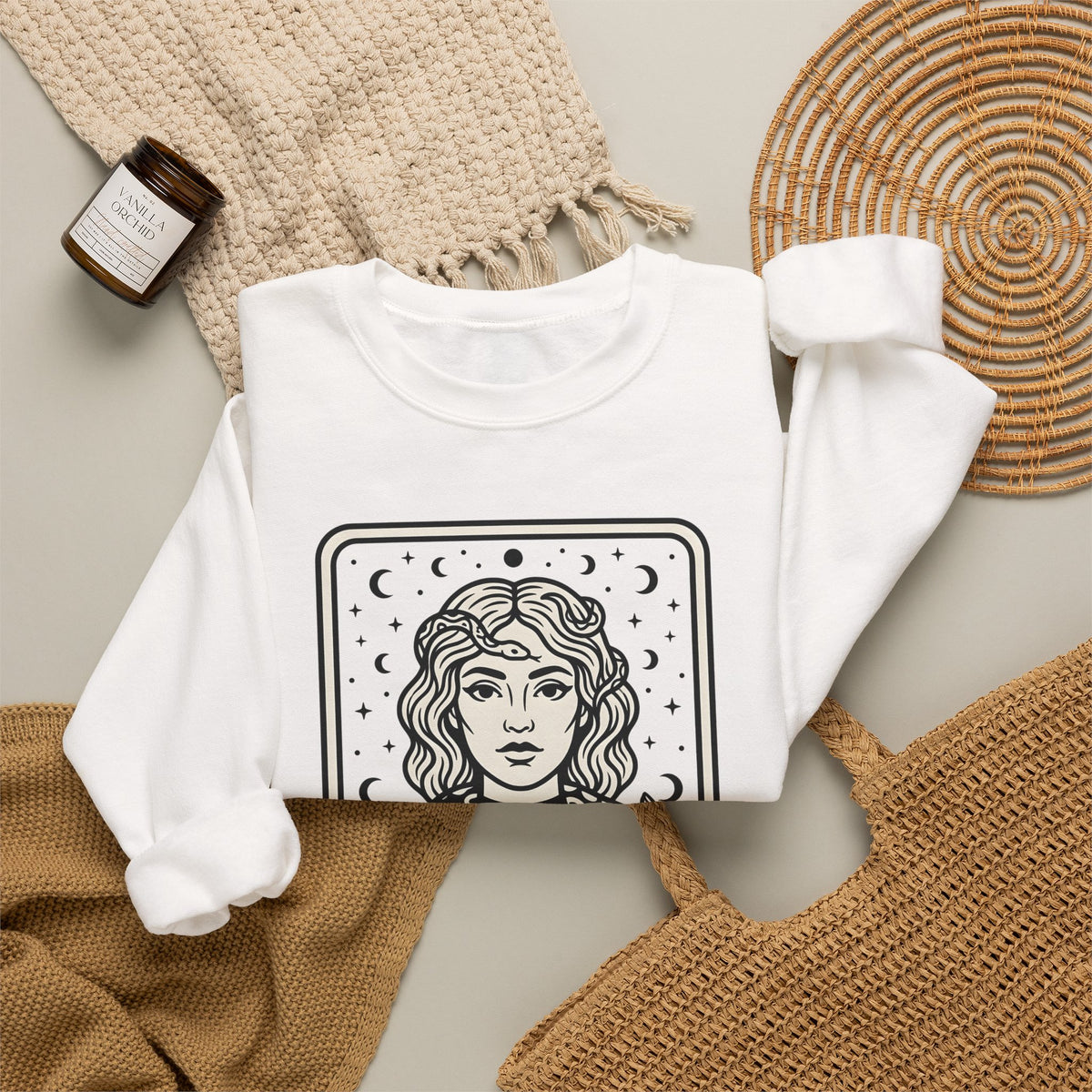Mystical Female Serpent Sweatshirt Boho Chic Spells Gift Women Oracle Sweatshirt Snake Sweatshirt Bohemian Fan Divination Sweatshirt Magic Graphic Retro Lunar