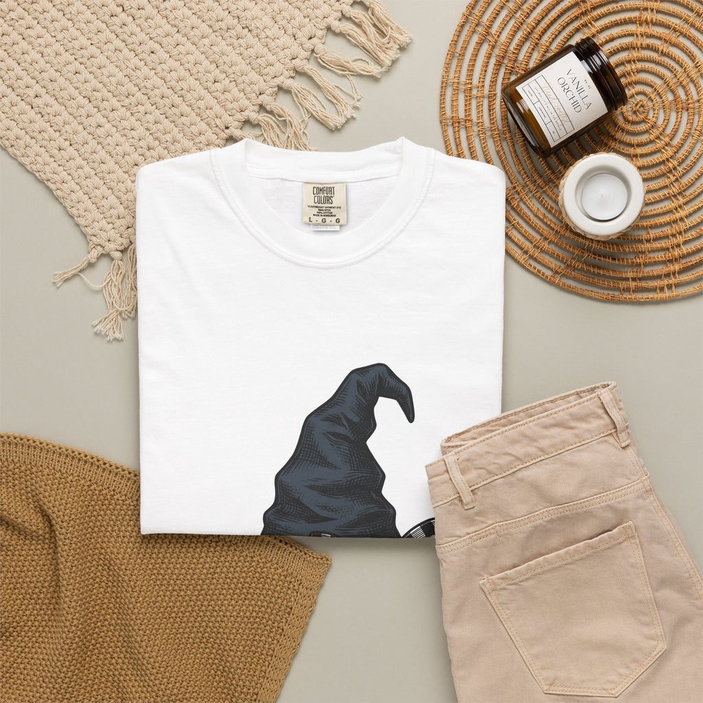 Witch Hat T-Shirt Halloween Sorcery Gift Women Cartoon T-Shirt Wizard Hat T-Shirt Halloween Fan Comic T-Shirt Magic Graphic Silhouette Gingham Bow