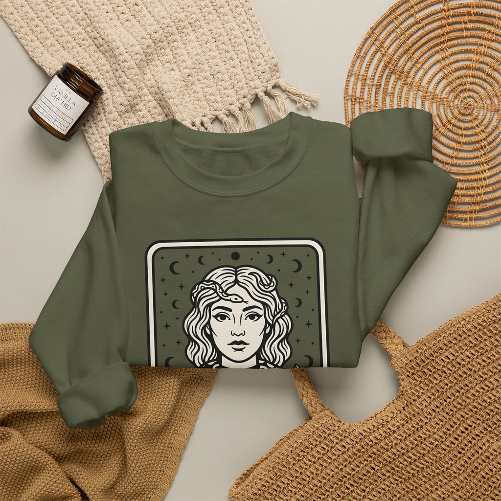 Mystical Female Serpent Sweatshirt Boho Chic Spells Gift Women Oracle Sweatshirt Snake Sweatshirt Bohemian Fan Divination Sweatshirt Magic Graphic Retro Lunar