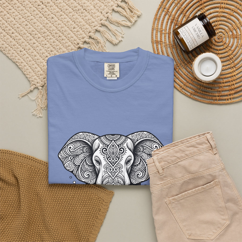 Elephant Art T-Shirt Boho Chic Critter Gift Women Hippie T-Shirt Pachyderm T-Shirt Bohemian Fan Psychedelic T-Shirt Animal Graphic Line Art