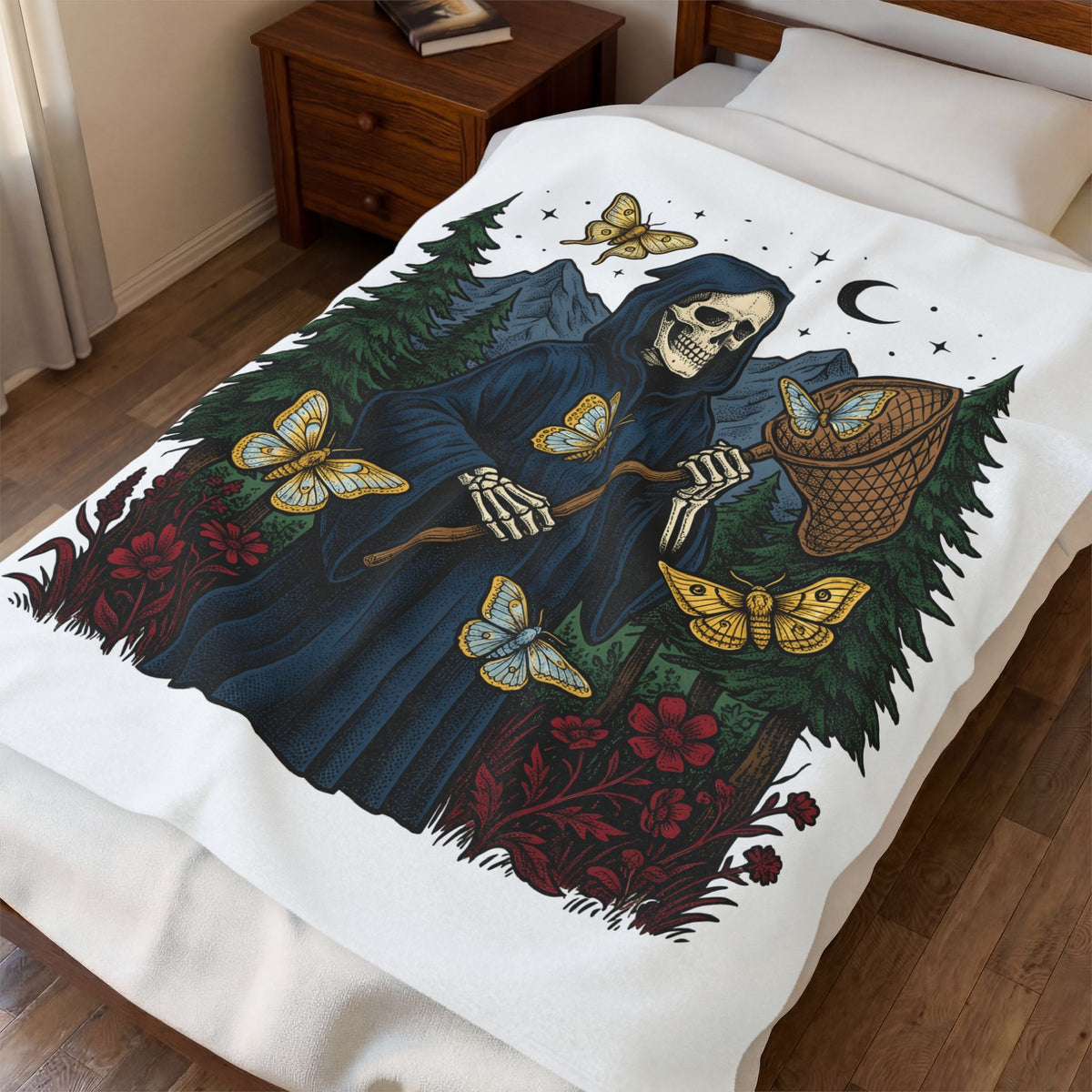 Grim Reaper Blanket Gothic Nature Gift Women Vintage Blanket Death Blanket Dark Fan Retro Blanket Environmental Graphic Hand Drawn Butterfly Blanket