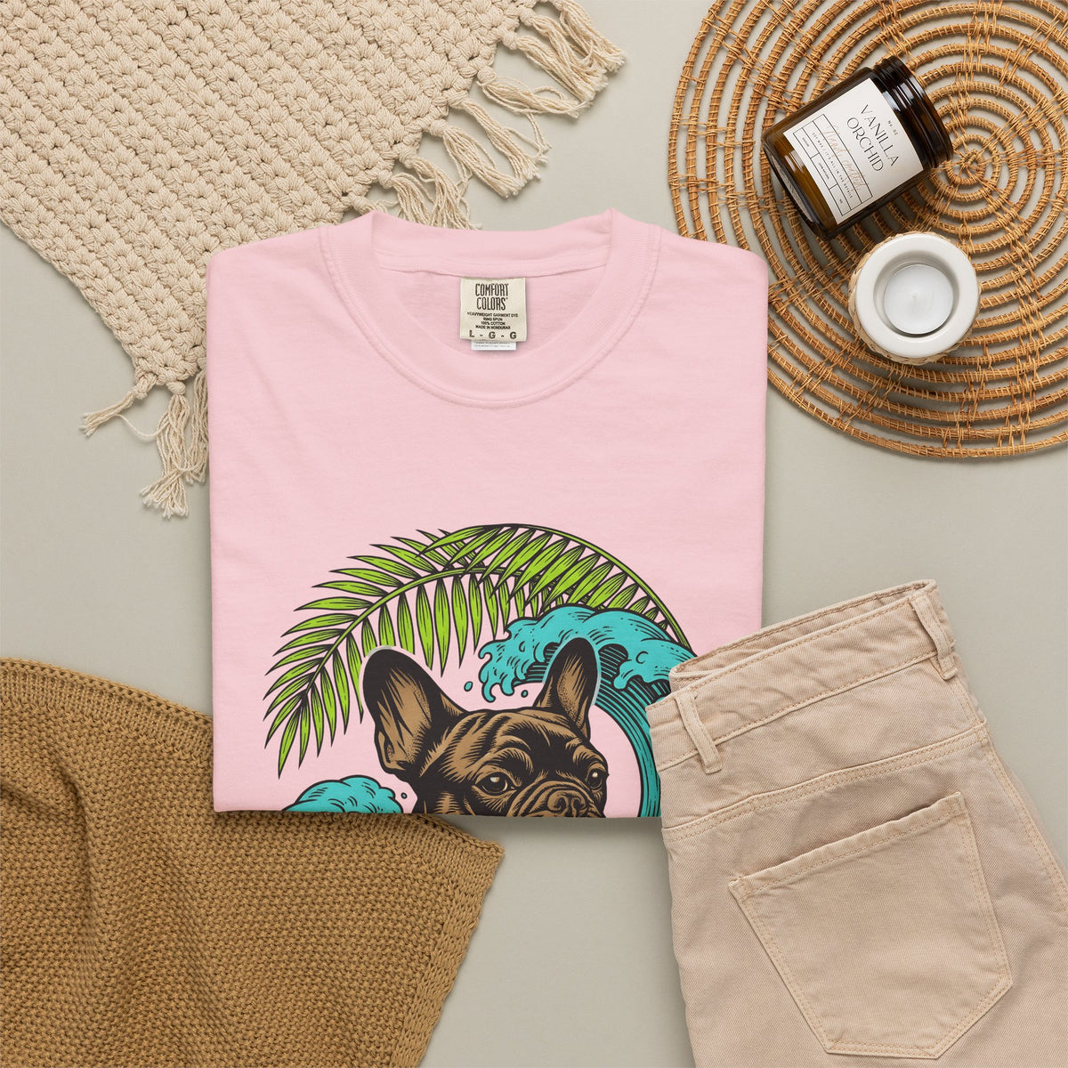 French Bulldog T-Shirt Dog Seaside Gift Women Illustrative T-Shirt Bulldog T-Shirt Dog Fan Frenchie T-Shirt Coastal Graphic Sketch Island Flower