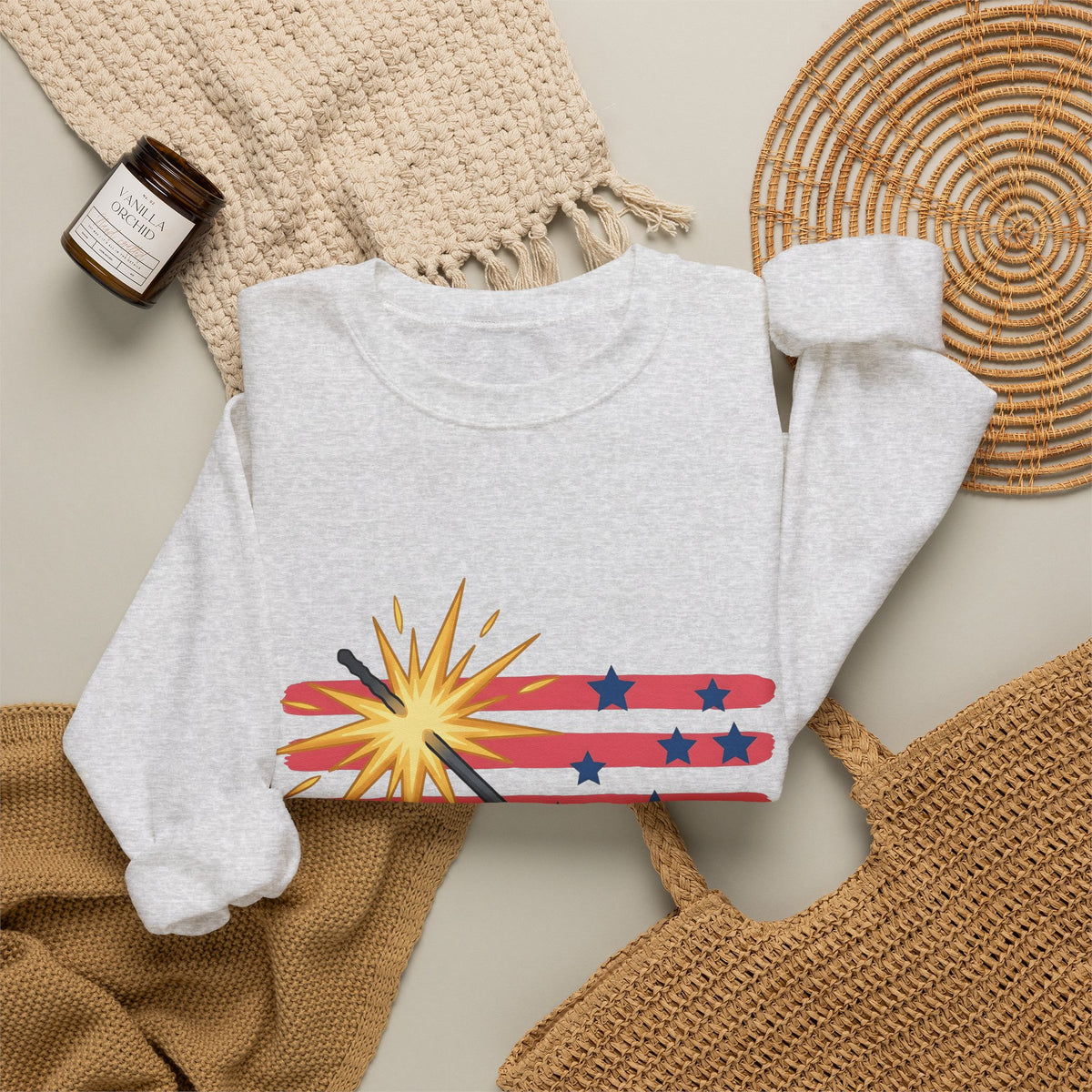 Sparkler Flag Sweatshirt 4th Of July Celebration Gift Women Patriotic Sweatshirt Wave Banner Sweatshirt Independence Day Fan American Sweatshirt Party Graphic