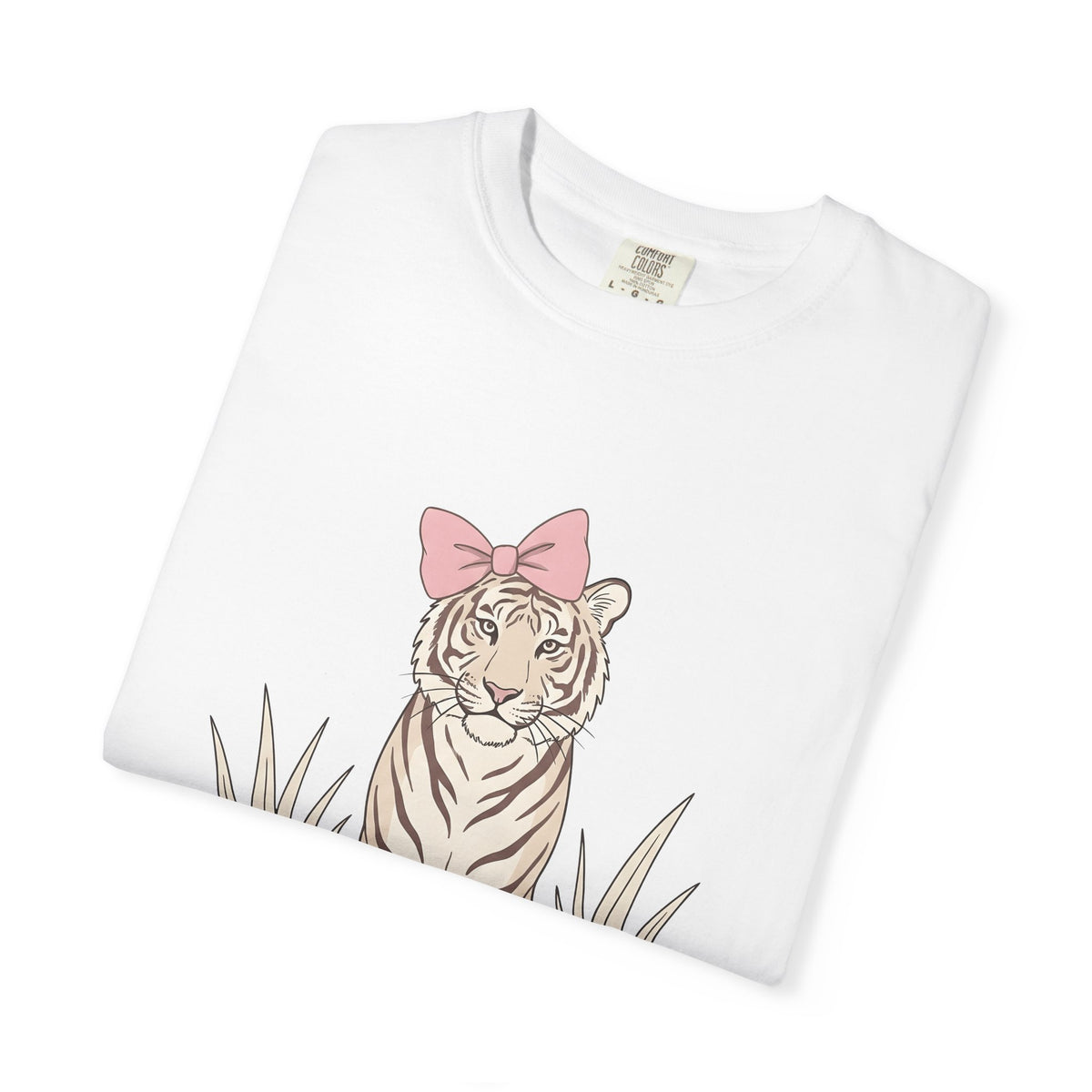 Tiger Bow Cute Animal Gift Minimalist Ribbon Adorable Fan Simple Wildlife Hand Drawn Grass T-Shirt