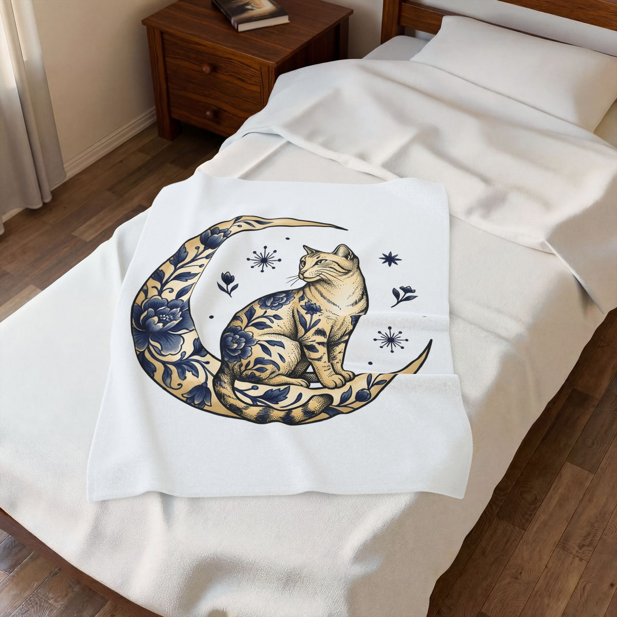 Flower Kitty Blanket Cat Astrology Gift Women Hippie Blanket Kitty Cat Blanket Cat Fan Zodiac Graphic Blanket Retro Half Moon Blanket
