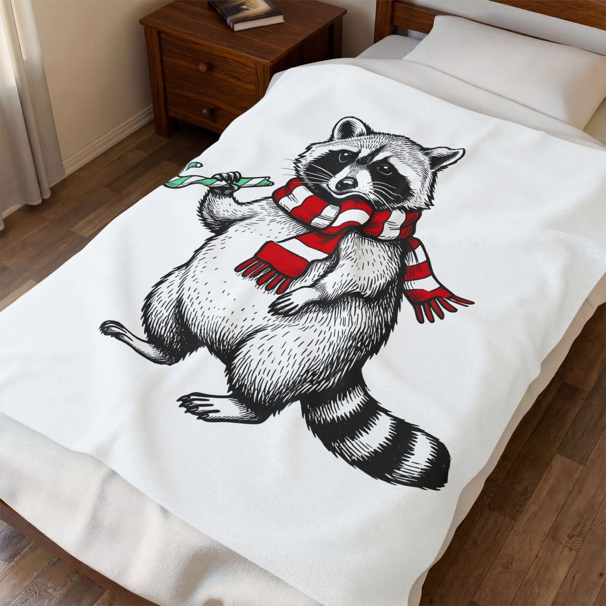 Raccoon Illustration Blanket Animals Holiday Gift Women Sketch Blanket Trash Panda Blanket Wildlife Fan Drawing Graphic Christmas Retro Peppermint
