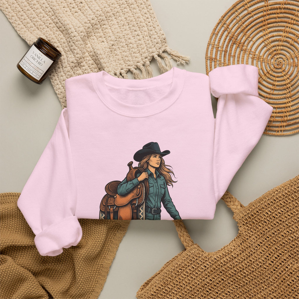 Cowgirl Saddle Cowgirl Western Gift Vintage Saddle Cowboy Fan Retro Rodeo Hand Drawn Cowboy Sweatshirt