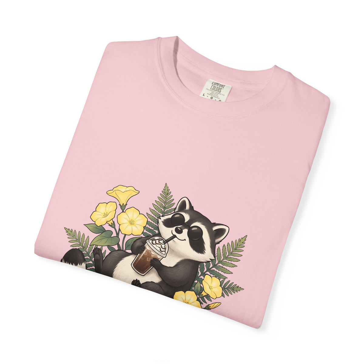 Raccoon Cappuccino T-Shirt Coffee Pet Gift Women Cartoon T-Shirt Cappuccino T-Shirt Coffee Fan Caricature T-Shirt Animal Graphic Outline Florals
