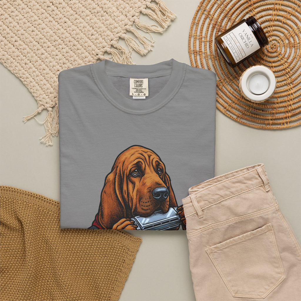 Bloodhound Canine T-Shirt Dog Songs Gift Women Rustic T-Shirt Hound T-Shirt Dog Fan Coonhound Graphic T-Shirt Cartoon Mouth Harp T-Shirt