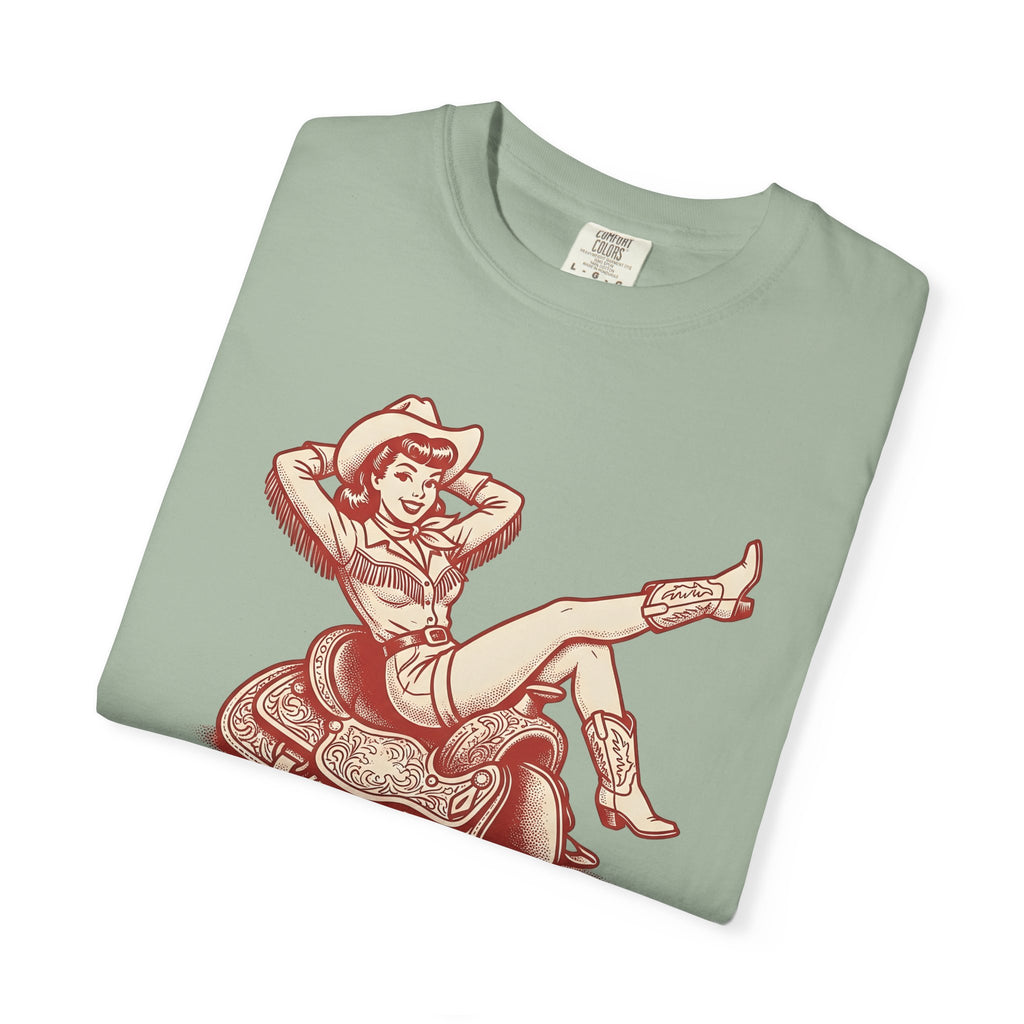 Pinup Cowgirl T-Shirt Cowgirl Rodeo Gift Women Western T-Shirt Cowgirl T-Shirt Cowboy Fan Western Art T-Shirt Rodeo Graphic Vintage Saddle T-Shirt